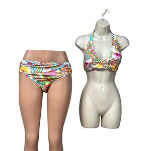 BLEU by Rod Beattie Gold Ring Halter Paisley Print Bikini Set, Sz. 10
